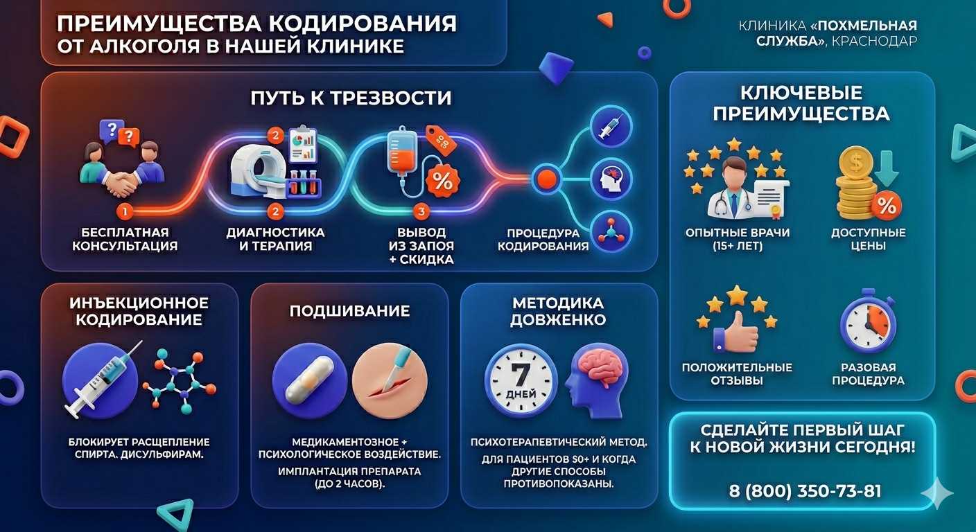 Инфографика о методах кодирования от алкоголя в Каменоломнях: инъекции, подшивание, метод Довженко. Преимущества клиники и этапы лечения.