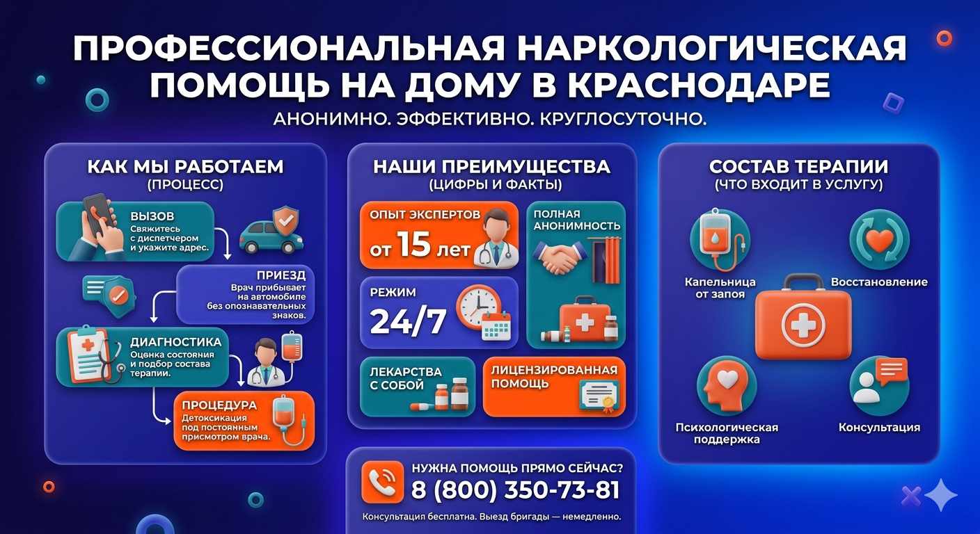 Инфографика о принципах лечения алкоголизма на дому в Каменоломнях: этапы вызова нарколога, преимущества анонимной детоксикации и состав медицинской помощи.